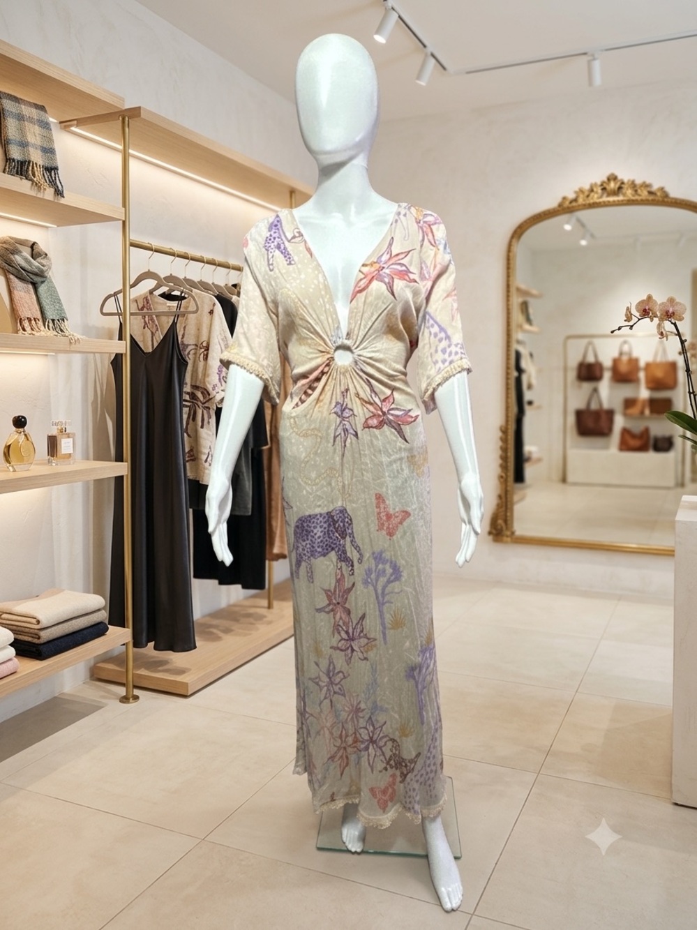 Floral Ring-Front Midi Dress in Soft Beige